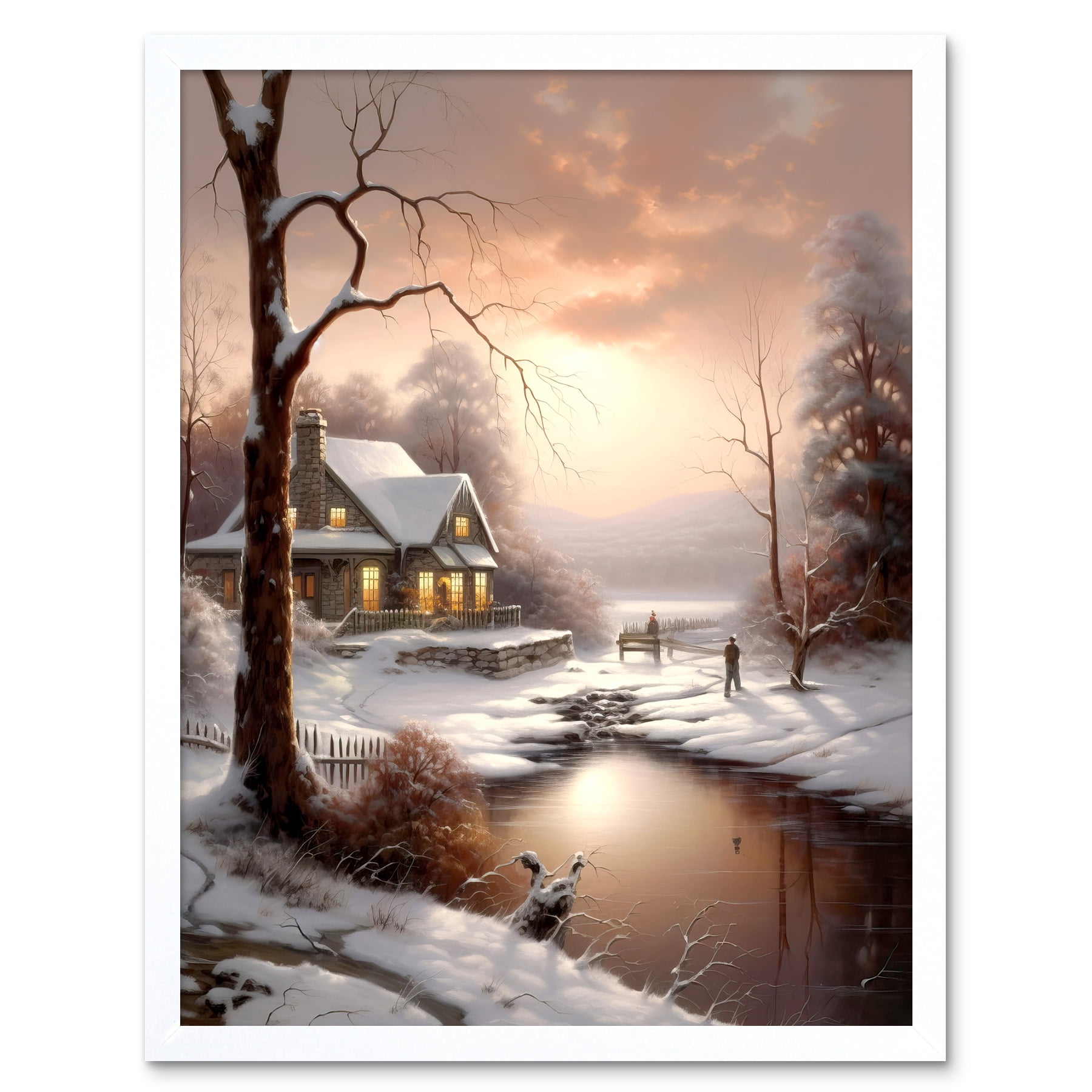 Winter Cottage Landscape Oil Painting Snow Lake Sunset Snowy Trees Art ...