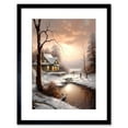 thumbnail image 1 of Winter Cottage Landscape Oil Painting Snow Lake Sunset Snowy Trees Artwork Framed Wall Art Print 9X7 Inch, 1 of 5
