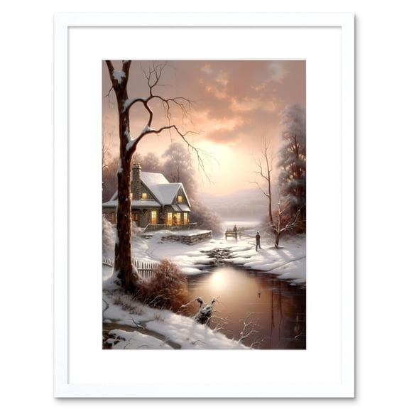 Winter Cottage Landscape Oil Painting Snow Lake Sunset Snowy Trees Artwork Framed Wall Art Print 9X7 Inch