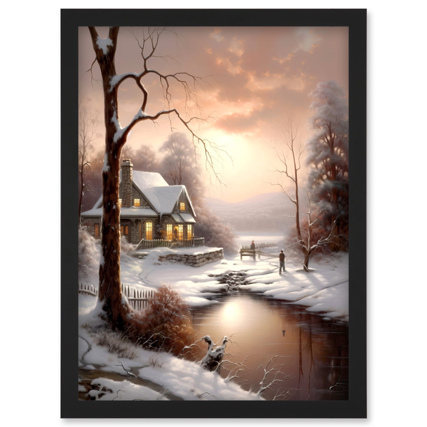 Winter Cottage Landscape Oil Painting Snow Lake Sunset Snowy Trees ...