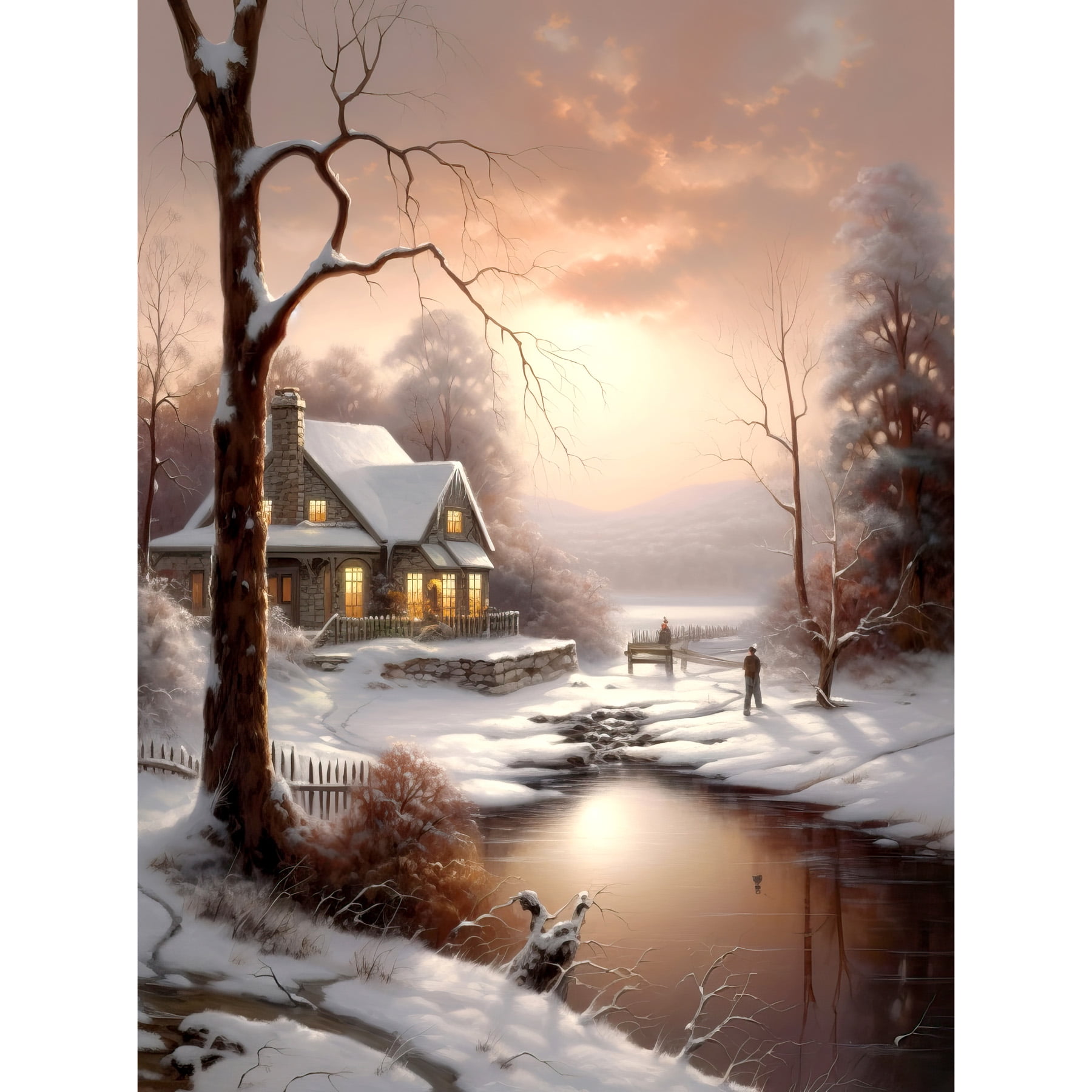 Winter Cottage Landscape Oil Painting Snow Lake Sunset Snowy Trees ...