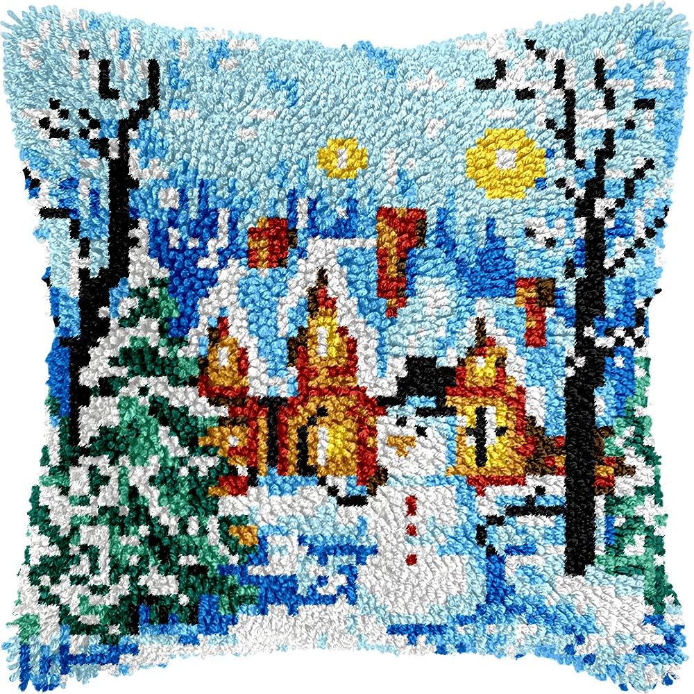 Winter Cottage Latch Hook Pillow Kits for DIY Throw Pillow Cushion Embroidery Latch Hooking Pillowcase Kits with Preprinted Canvas Crochet Yarn Kits for Home Decor 17''X 17''(j4)