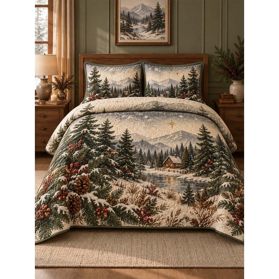 Winter Cottage Pine Forest Quilted 3-Piece Bedding Set