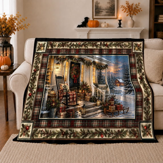 Winter Cottage Porch Holiday Scene Wrapped Presents Snowy, Festive Holiday Scene, Warm Flannel Blanket for Ranch House and Living Room, Horse Lovers Housewarming Gift, Rustic Home Decor