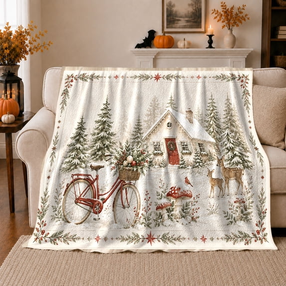 Winter Cottage Snowy Scene Holiday, Festive Holiday Scene, Warm Flannel Blanket for Cabin and Lodge with Detailed Artwork, Art Lovers Housewarming Gift, Festive Home Decor