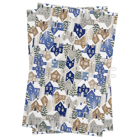Winter Cottages Kitchen Towels Dish Towel Pack of 2 Christmas Blue Gray House Snow Pine Tree Rustic Soft Dish Cloth Set Absorbent Dishcloth for Drying Dishes, Hand Towels 18 x 28 Inches