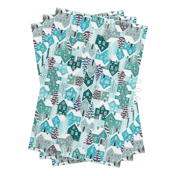 Winter Cottages Kitchen Towels Dish Towel Pack of 3 Christmas Teal Blue House Snow Pine Tree Modern Soft Dish Cloth Set Absorbent Dishcloth for Drying Dishes, Hand Towels 18 x 28 Inches