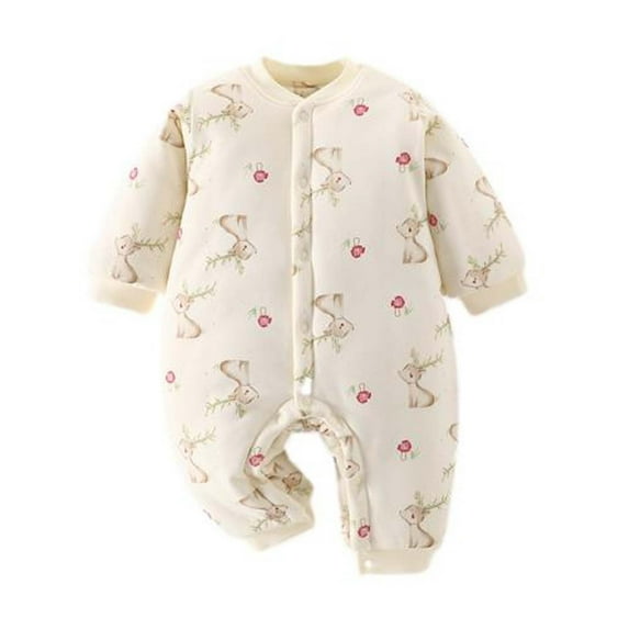 Winter Cotton Jumpsuit Baby Girls Boys Thick Padded Crewneck Long Sleeve Rompers Newborn Cute Printed Infant Clothes, Beige, 5 Months