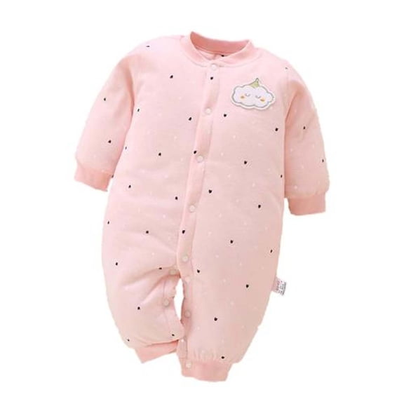 Winter Cotton Jumpsuit Baby Girls Boys Thick Padded Crewneck Long Sleeve Rompers Newborn Cute Printed Infant Clothes, Pink, 9 Months