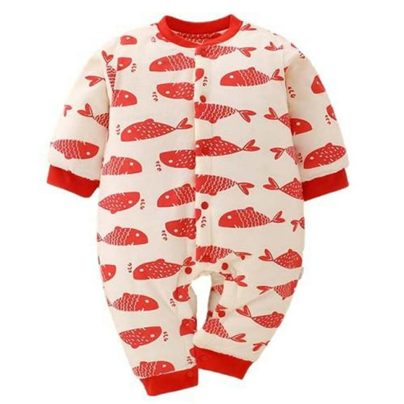 Winter Cotton Jumpsuit Baby Girls Boys Thick Padded Crewneck Long Sleeve Rompers Newborn Cute Printed Infant Clothes, Red, 5 Months