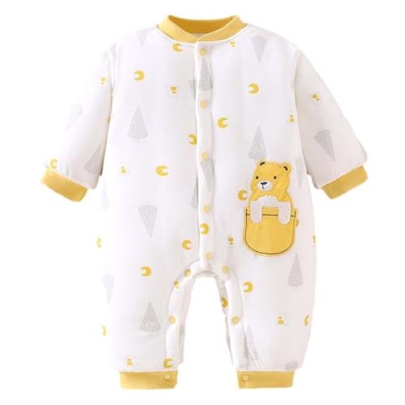 Winter Cotton Jumpsuit Baby Girls Boys Thick Padded Crewneck Long Sleeve Rompers Newborn Cute Printed Infant Clothes, Yellow, 12 Months