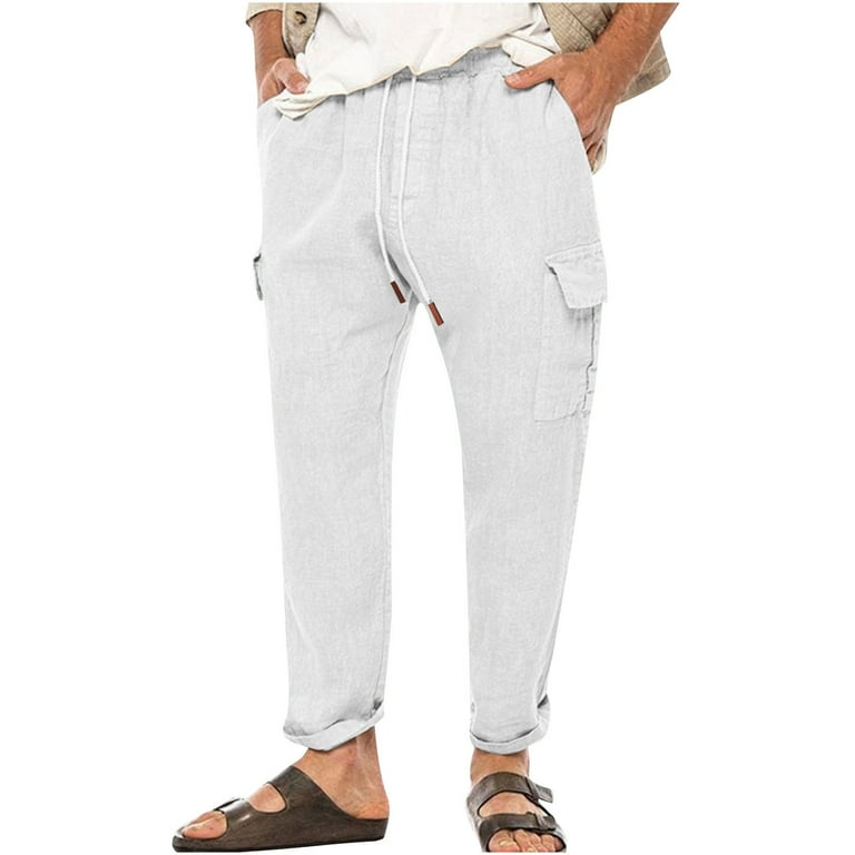 Winter Cotton Linen Booty Pants for Men Plus Size Drawstring Tapered Trousers with Flap Pockets Solid Color Slim Fit Ankle Length Pant