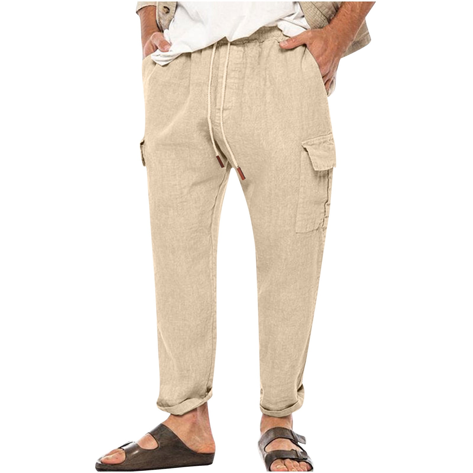 Winter Cotton Linen Booty Pants for Men Plus Size Drawstring Tapered  Trousers with Flap Pockets Solid Color Slim-Fit Ankle Length Pant -  Walmart.com