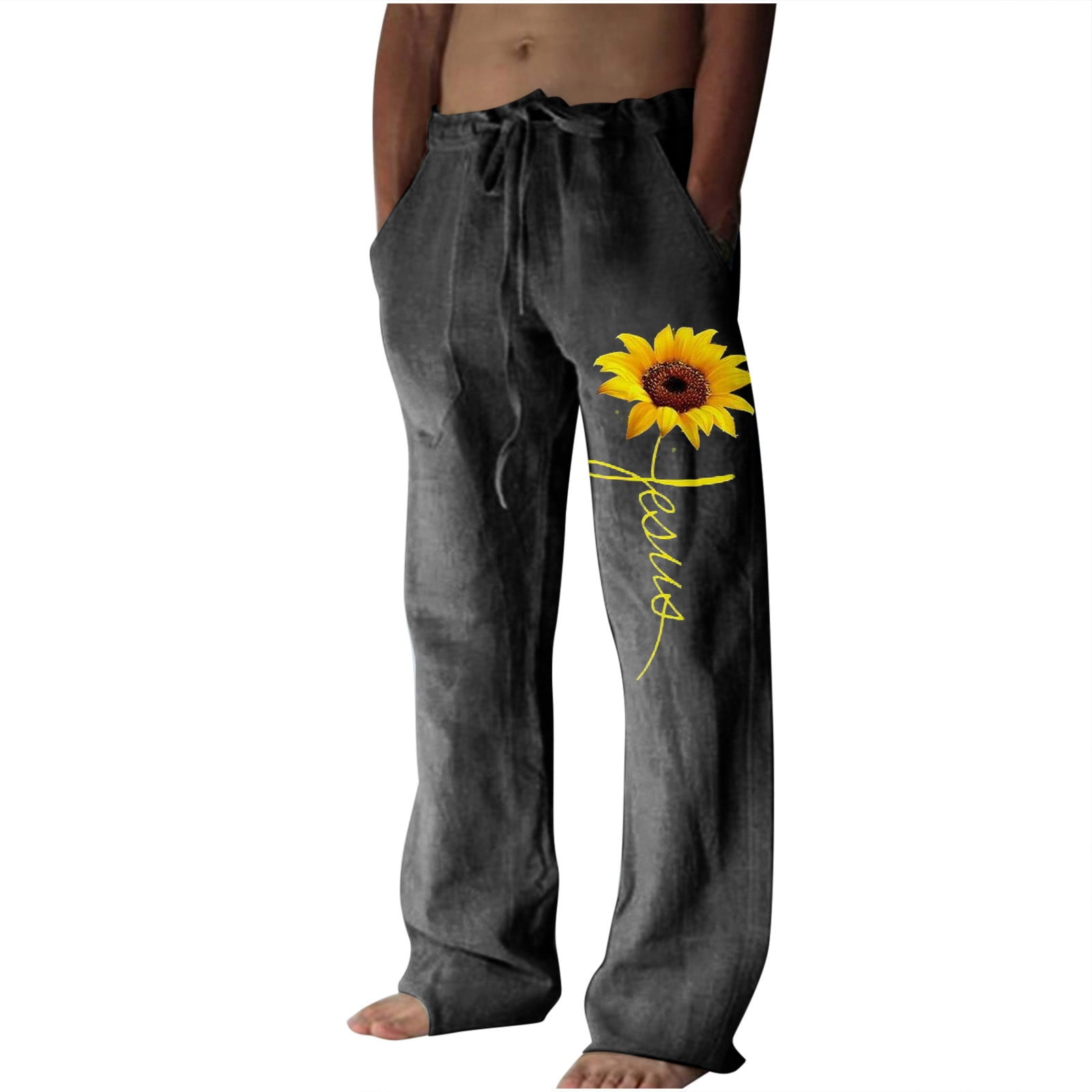 Winter Cotton Linen Straight Pants for Men Plus Size Sunflower