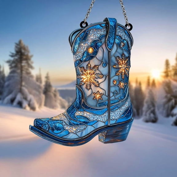 Winter Cowboy Boot Acrylic Suncatcher Blue Snowflake Western Boot Window Decor, Rustic Holiday Gift for Farmhouse or Country Home