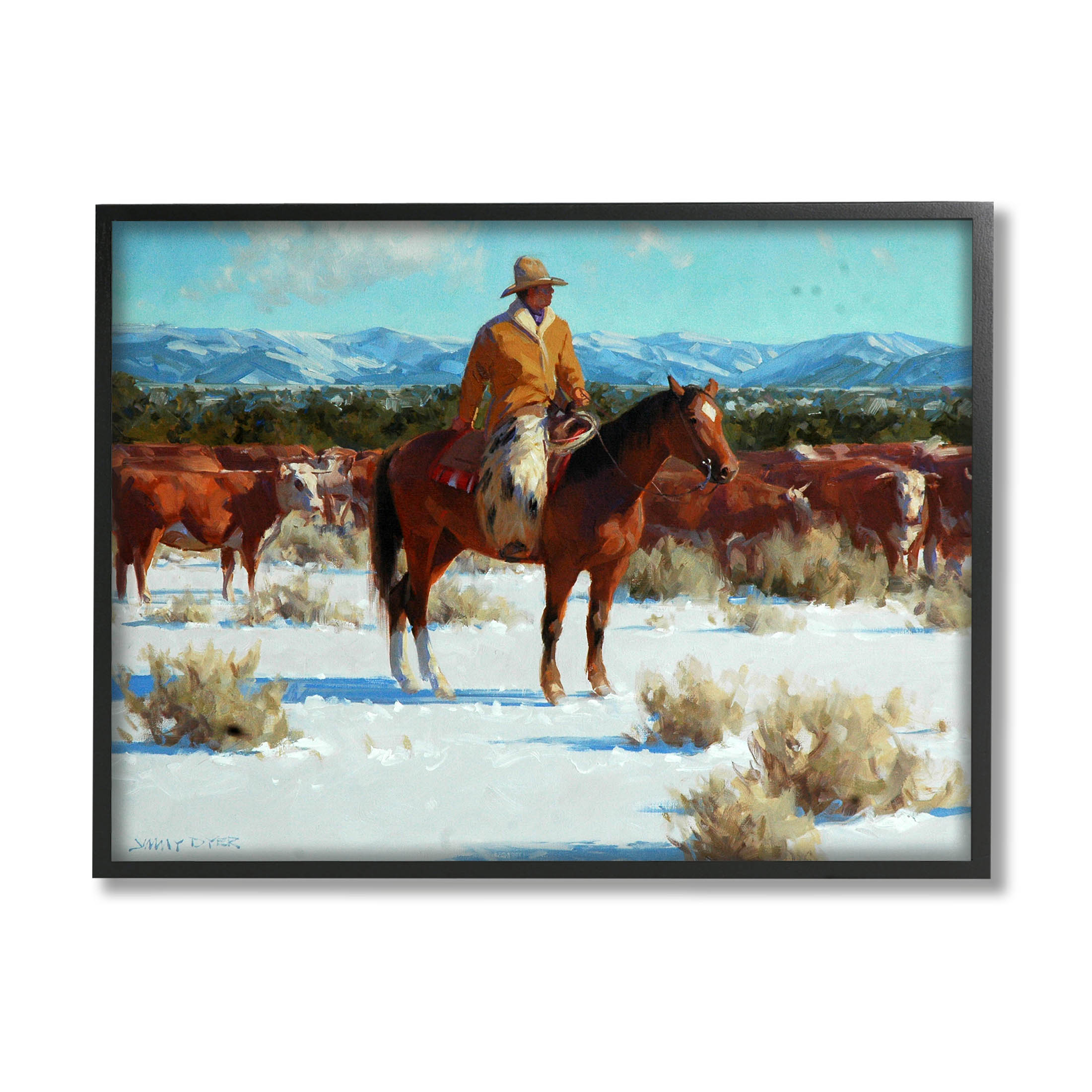 Winter Cowboy Cattle Landscape Animals & Insects Painting Black Framed Art Print Wall Art