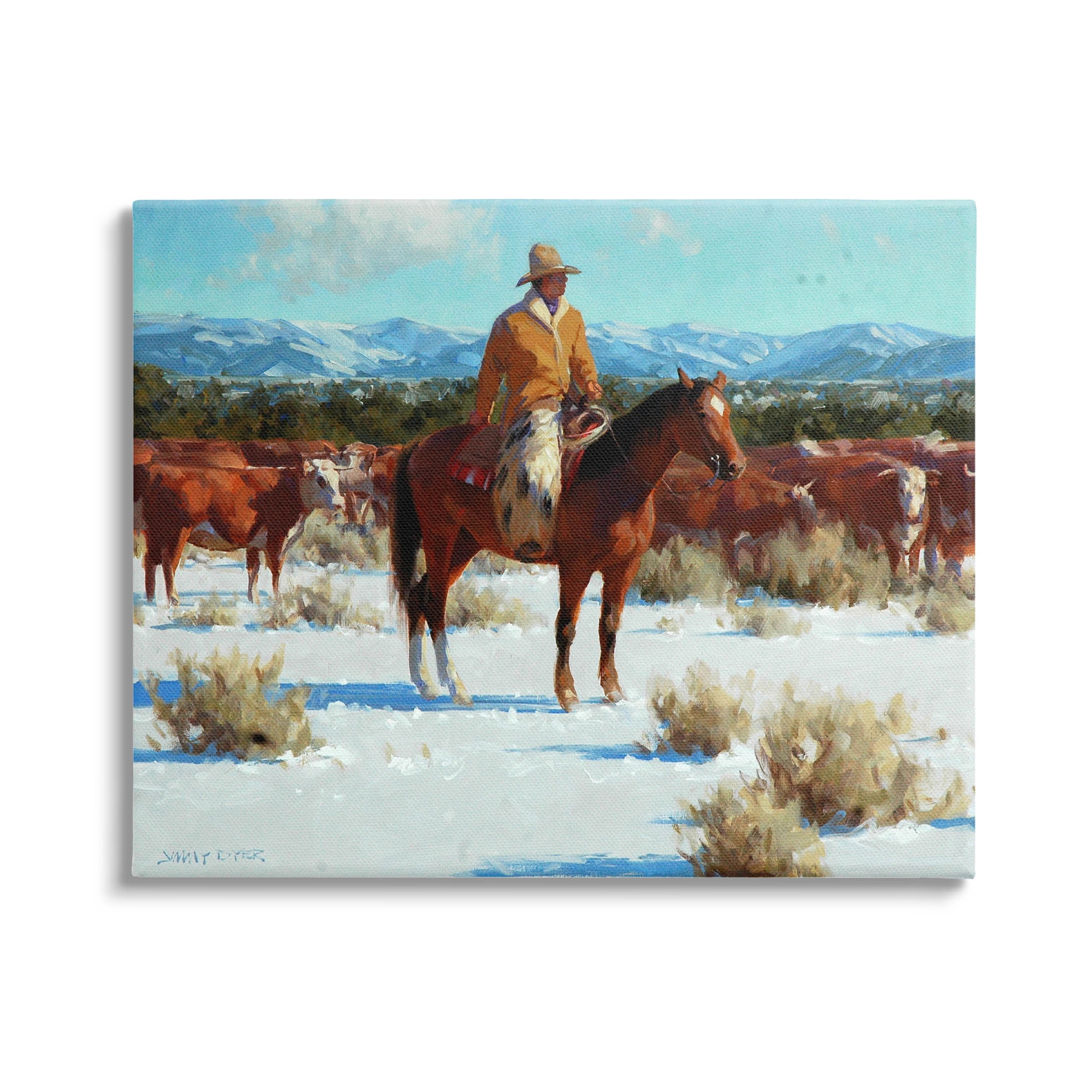 Winter Cowboy Cattle Landscape Animals & Insects Painting Gallery Wrapped Canvas Print Wall Art