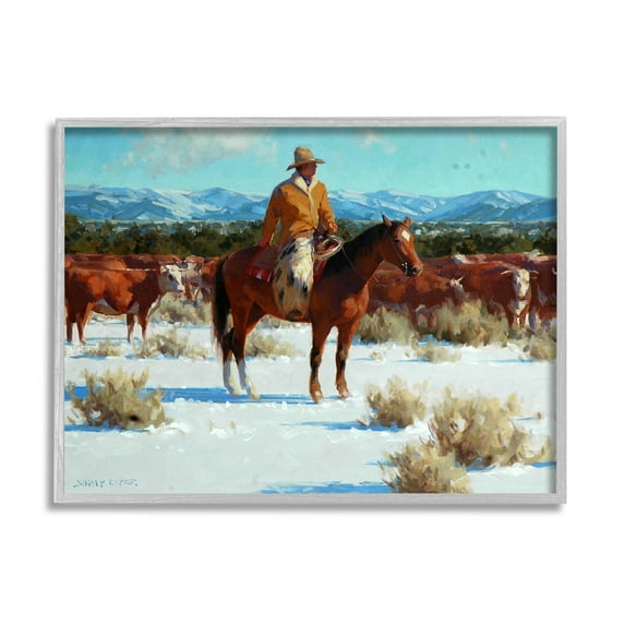 Winter Cowboy Cattle Landscape Animals & Insects Painting Gray Framed Art Print Wall Art