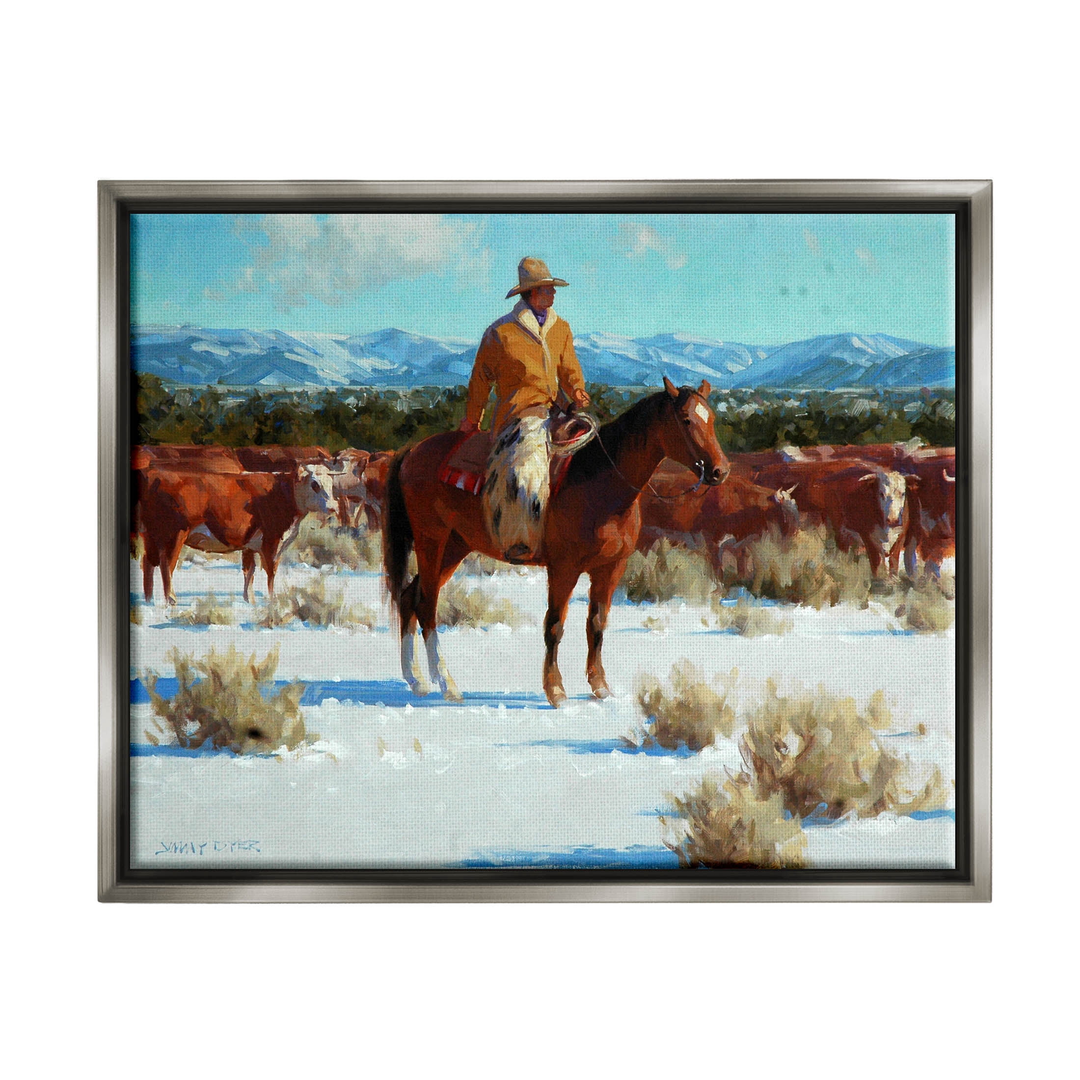Winter Cowboy Cattle Landscape Animals & Insects Painting Luster Gray Framed Art Print Wall Art