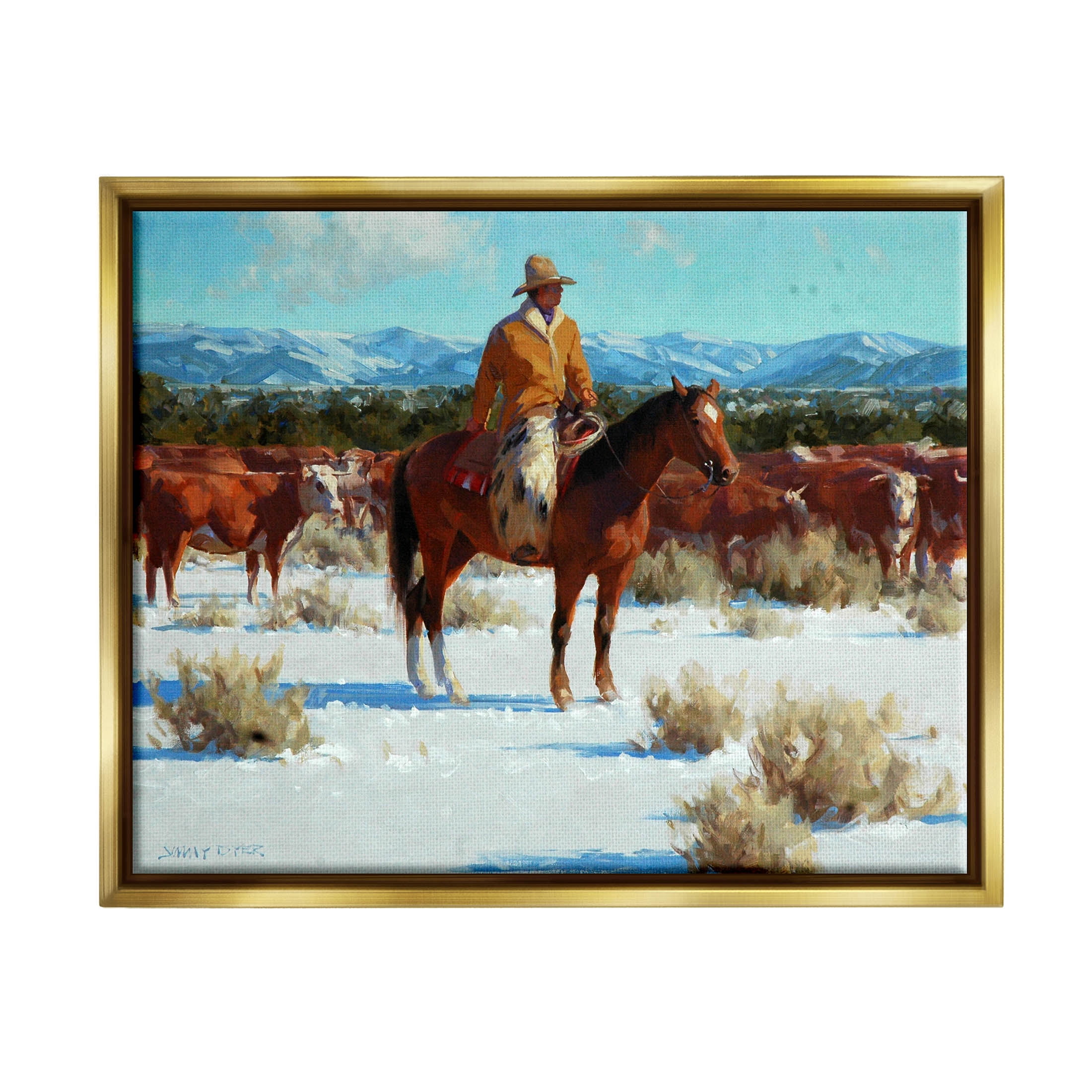 Winter Cowboy Cattle Landscape Animals & Insects Painting Metallic Gold Framed Art Print Wall Art