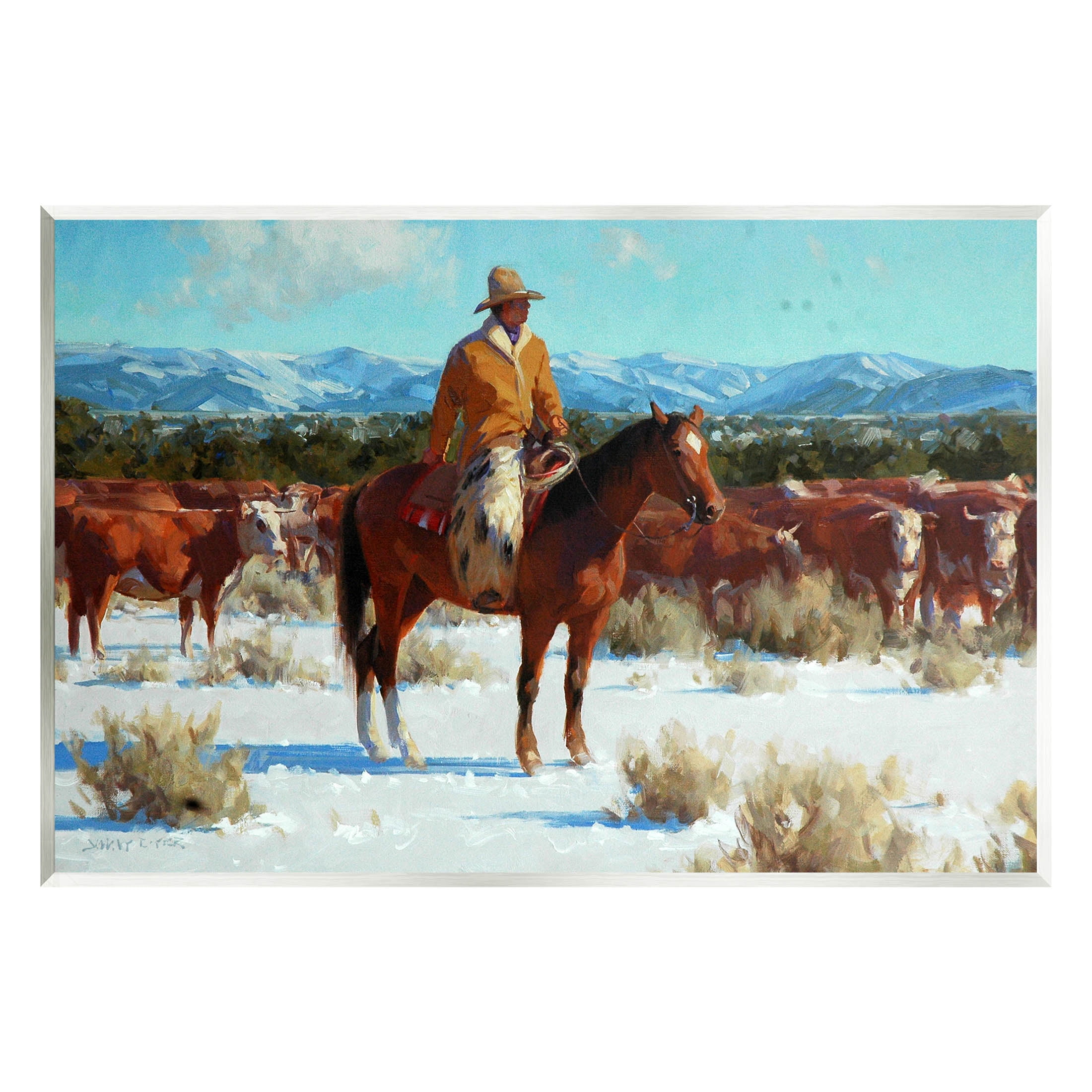 Winter Cowboy Cattle Landscape Animals & Insects Painting Unframed Art Print Wall Art