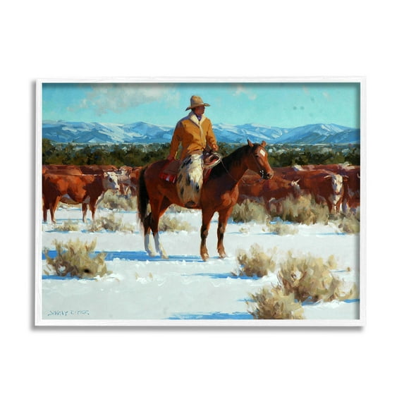 Winter Cowboy Cattle Landscape Animals & Insects Painting White Framed Art Print Wall Art