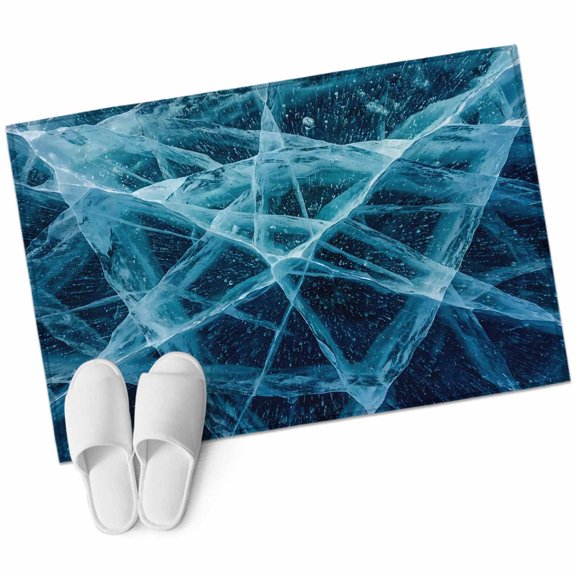 Winter Cracked Ice Bathroom Rug Washable 2x3 Entryway Rug Non Slip Blue Cyan Abstract Geometric Striped Front Door Mat Low Pile Indoor Doormat Throw Floor Carpet for Kitchen Bedroom Entrance