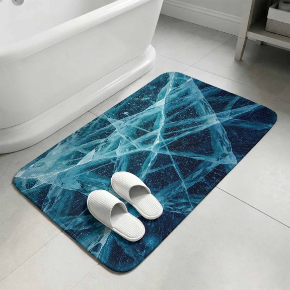 Winter Cracked Ice Bathroom Rugs Non Slip Washable Bath Mat Absorbent Front Door Mat Blue Cyan Abstract Geometric Striped Indoor Doormat for Kitchen Entryway Shower Decor Accessories 15.7"x23.6"