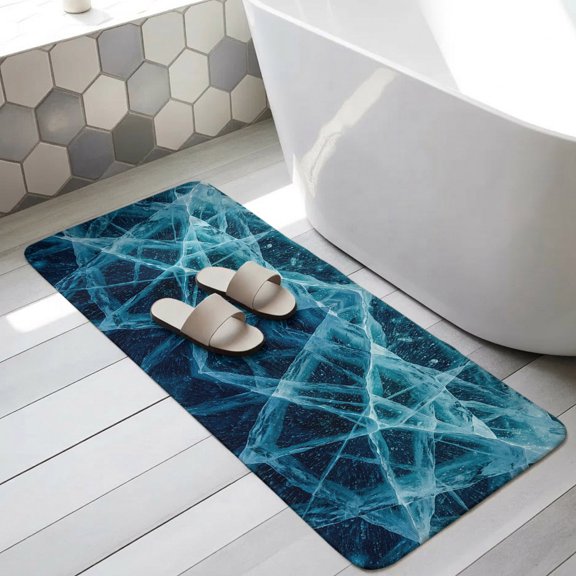Winter Cracked Ice Bathroom Runner Rugs Non Slip Washable Absorbent Narrow Long Bath Mat Blue Cyan Abstract Geometric Striped Runner Rugs for Kitchen Hallway Bedroom Laundry Study Room 19.7"x63"