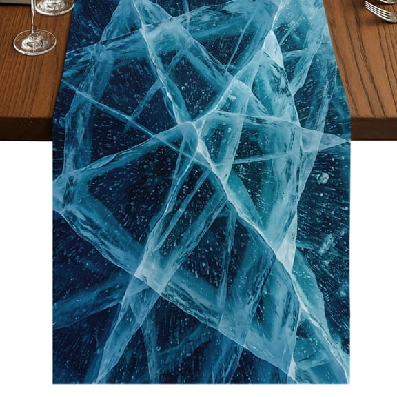 Winter Cracked Ice Burlap Cotton Table Runner 13x36 Inches Short, Blue Cyan Abstract Geometric Striped Farmhouse Table Runners, Outdoor Dining Table Decor for Baby Shower/Party/Wedding