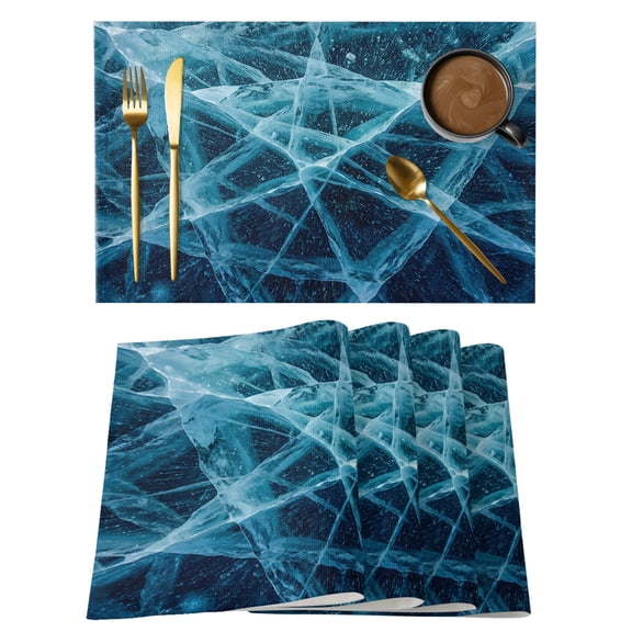 Winter Cracked Ice Placemats Set of 4 Blue Cyan Abstract Geometric Striped Place Mats Indoor Wipeable Table Mats Washable Cloth Dining Table Placemats for Kitchen Holiday Party Home Decor 13x19 Inch