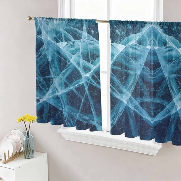 Winter Cracked Ice Sheer Curtains 45 Inch Length 2 Panels Set, Blue Cyan Abstract Geometric Striped Voile Window Treatment Rod Pocket Small Kitchen Curtains Drapes for Bedroom 52"x45"x2