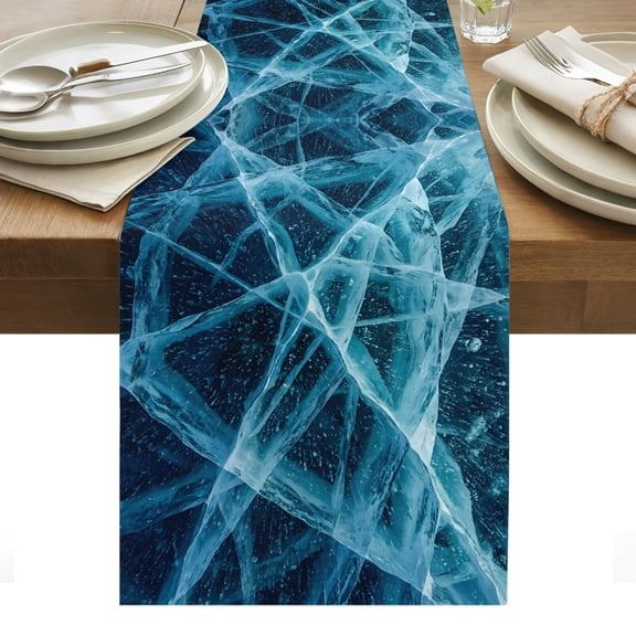 Winter Cracked Ice Table Runner Blue Cyan Abstract Geometric Striped Tablerunners 13 x 90 Inch, Table Decorations Tabletop Scarf for Summer Gathering Holiday Farmhouse Kitchen Dining Decor