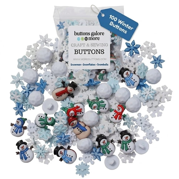 Winter Crafting Buttons Set, 100-Pack Snowman, Snowball and Snowflake Designs, White and Blue Holiday Decorative Buttons for Sewing and DIY Projects
