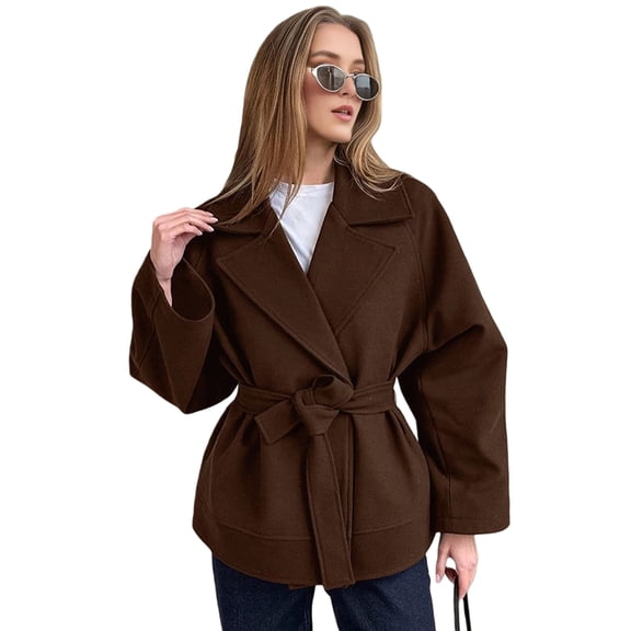 Winter Cropped Trench Coat for Women Wool Jacket Blazer Warp Lapel Peacoat with Belt Brown S