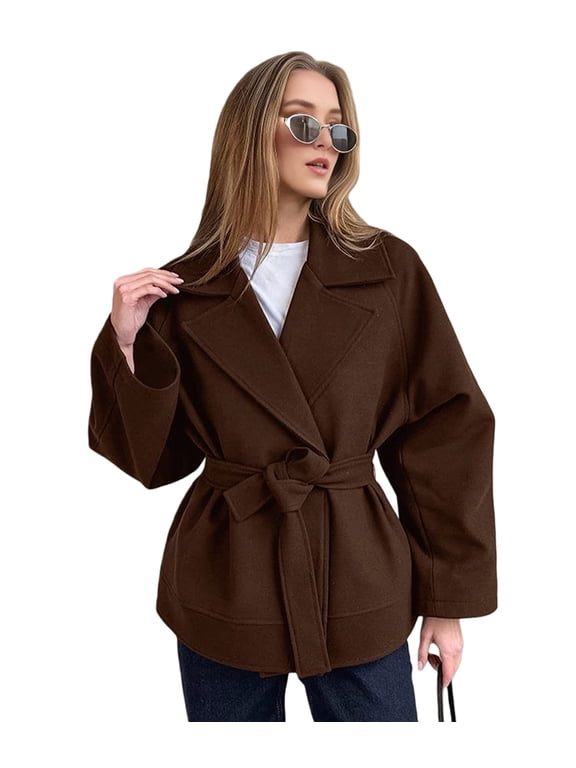 Winter Cropped Trench Coat for Women Wool Jacket Blazer Warp Lapel Peacoat with Belt Brown S