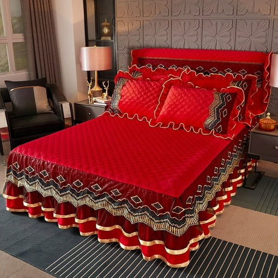 Winter Crystal velvet lace bed skirt single piece padded quilted milk velvet bedspread quilt bedding - Red - 180*60cm