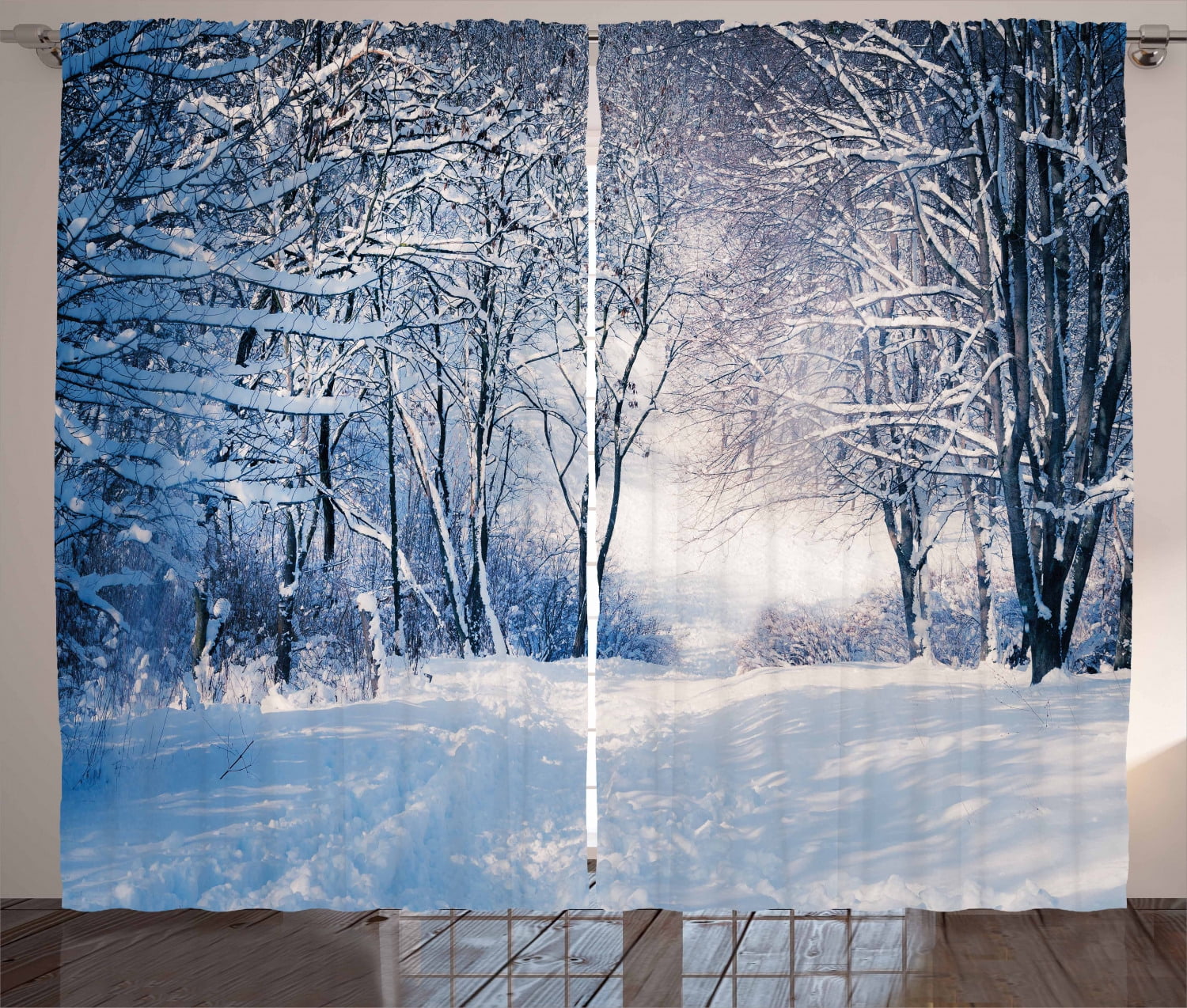 Winter Forest Scene Black and White Polyester Light-Filtering Curtain Panels