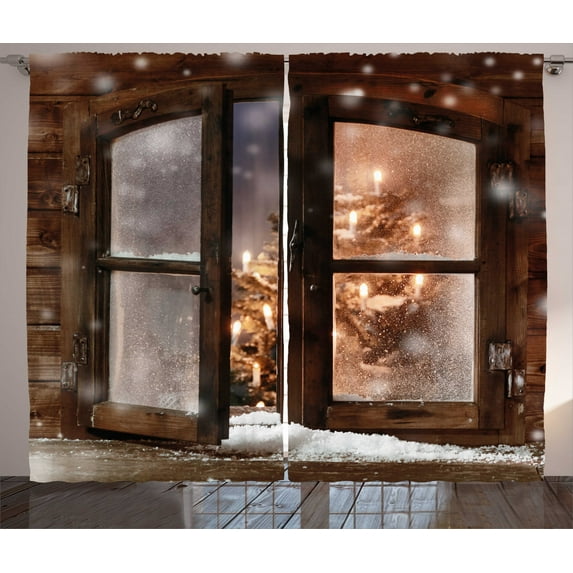 Ambesonne Winter Curtains 2 Panel Set, Xmas Tree in the Cabin, 108" x 90", Brown White