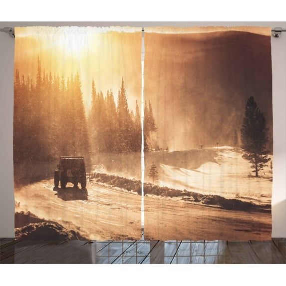 Ambesonne Winter Curtains 2 Panel Set, Colorado Mountain Road, 108" x 84", Brown Orange Yellow