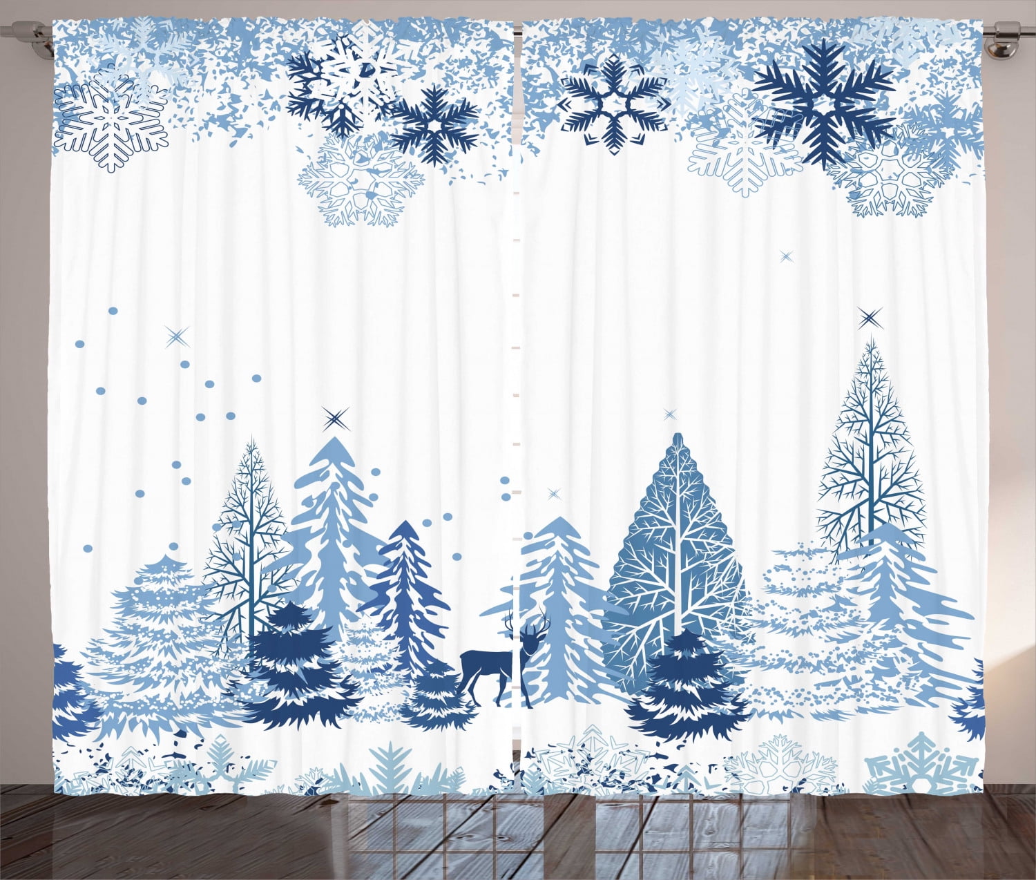 Ambesonne Winter Curtains 2 Panel Set, Deer Pine Trees Xmas, 108" x 90", Blue White - Walmart.com