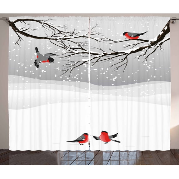 Ambesonne Winter Curtains 2 Panel Set, Wintertime Cartoon Birds, 108" x 84", Vermilion Grey Black