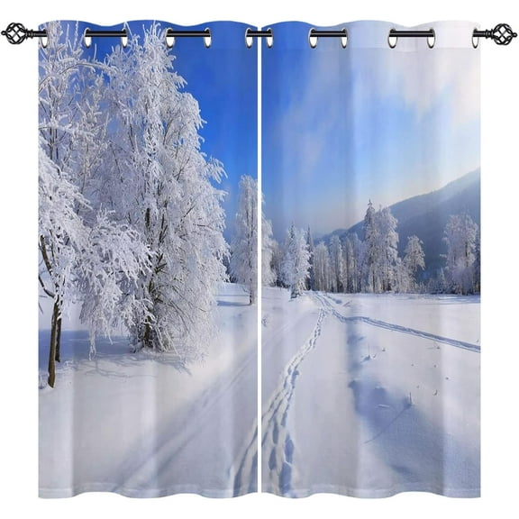 Winter Curtains - Nature Landscape Theme Snow Tree Forest Mountain Scenery Scene Print Pattern Grommet Light Filtering Window Drapes for Bedroom Living Room 2 Panels 52 x 63 Inch