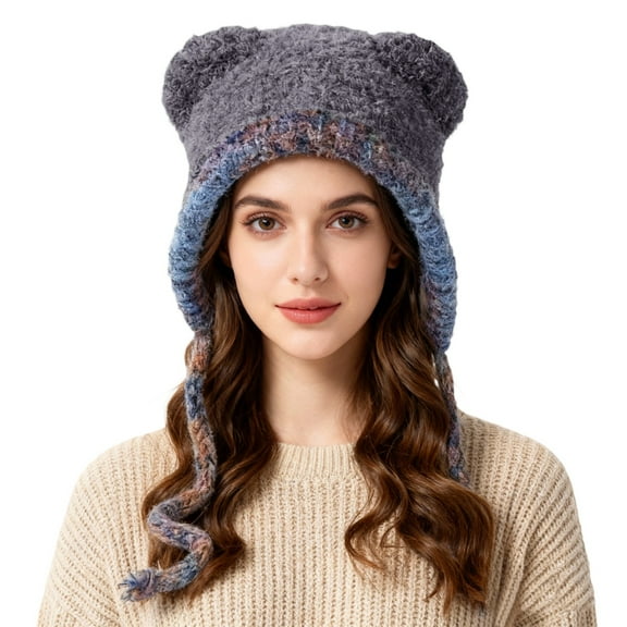 Winter Cute Bear Ears Knit Beanie Hat Women's Warm Slouchy Ear Flap Ski Snow Hat, Plush Knitted Hat, Ear Protection for Winter Trapper Hat for Women Cartoon Animal Ear Soft Beanie Hat Grey
