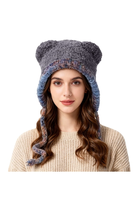 Winter Cute Bear Ears Knit Beanie Hat Women's Warm Slouchy Ear Flap Ski Snow Hat, Plush Knitted Hat, Ear Protection for Winter Trapper Hat for Women Cartoon Animal Ear Soft Beanie Hat Grey