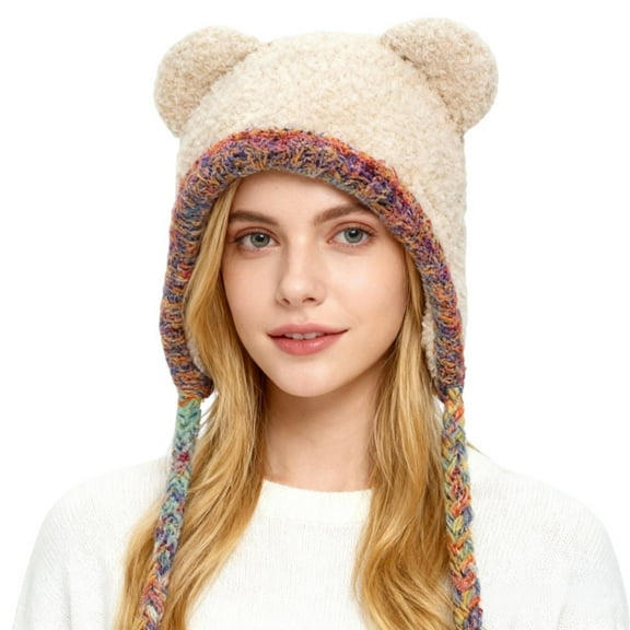 Winter Cute Bear Ears Knit Beanie Hat Women's Warm Slouchy Ear Flap Ski Snow Hat, Plush Knitted Hat, Ear Protection for Winter Trapper Hat for Women Cartoon Animal Ear Soft Beanie Hat Beige