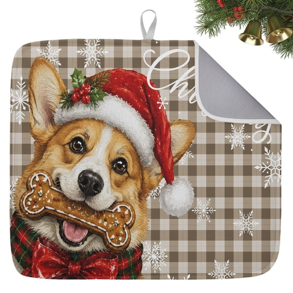 Winter Cute Corgi Dog 1 Pack Dish Drying Mat,Absorbent Drying Pad Merry Christmas Words on Plaid Microfiber Kitchen Countertop Protector Mats Dish Drainer Rack Mat for Dishes Cups Glassware,18x24in