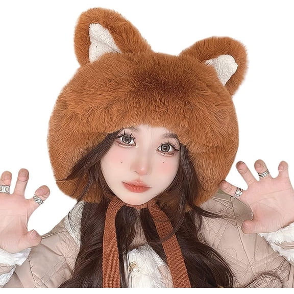Winter Cute Faux Fur Beanie Hat Women Cat Ear Furry Bucket Hat Cover with Earflap Pompom Russian Warm Plush Trapper Hat