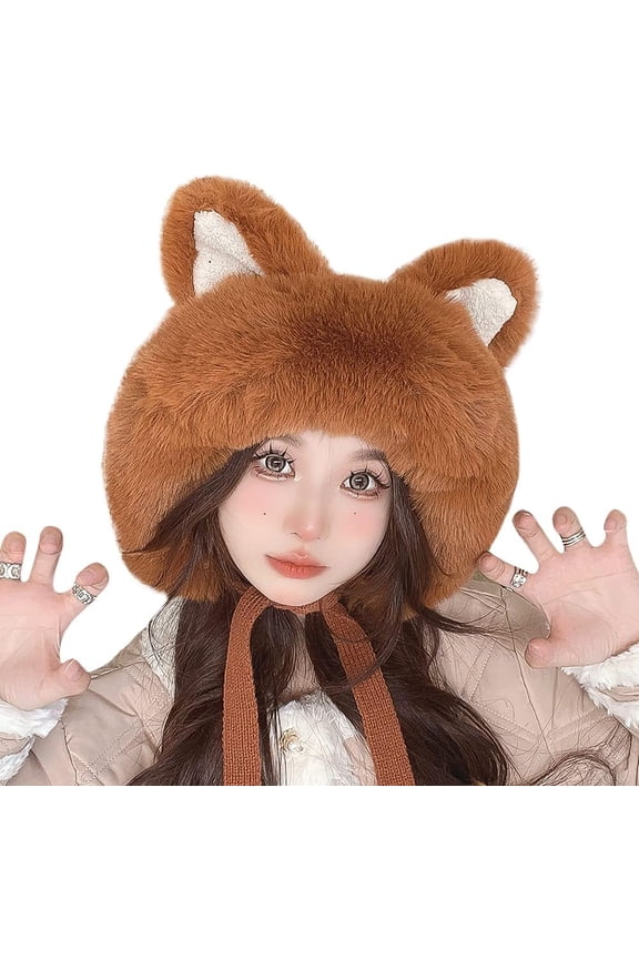 Winter Cute Faux Fur Beanie Hat Women Cat Ear Furry Bucket Hat Cover with Earflap Pompom Russian Warm Plush Trapper Hat