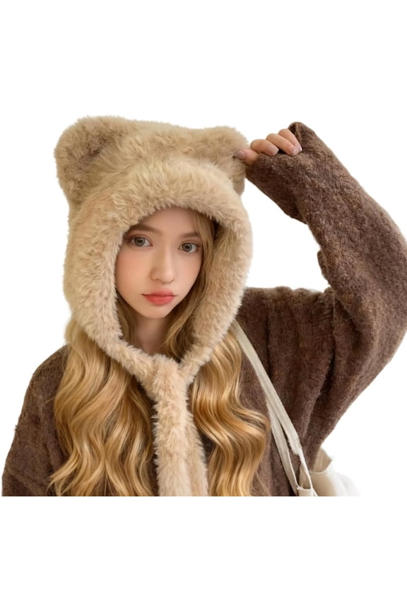 Winter Cute Plush Bear Ear Hat Women Warm Faux Fur Beanie Trapper Hat with Strap Ear Flap Windproof Thick Fuzzy Cap Costume